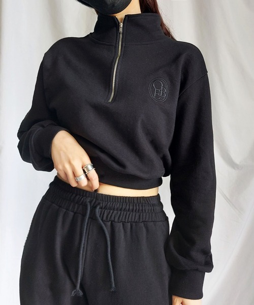 me+em select（ミームセレクト）の「【 セットアップ対応 】OBE刺繍 ハーフジップショートスウェット【 韓国製 】（スウェット・レディース・ベージュ/ブラック/グレー・FREE）」の5枚目の写真