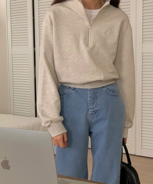 me+em select（ミームセレクト）の「【 セットアップ対応 】OBE刺繍 ハーフジップショートスウェット【 韓国製 】（スウェット・レディース・ベージュ/ブラック/グレー・FREE）」の7枚目の写真
