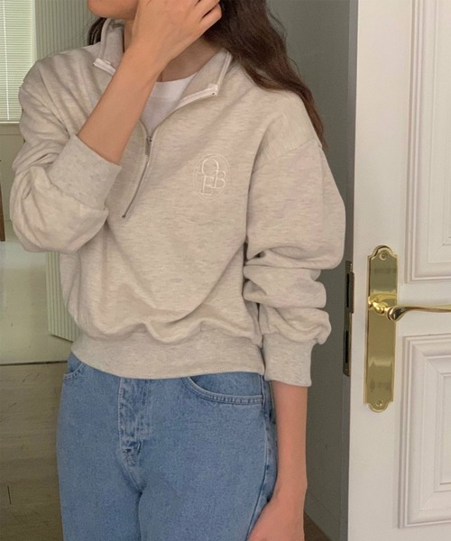 me+em select（ミームセレクト）の「【 セットアップ対応 】OBE刺繍 ハーフジップショートスウェット【 韓国製 】（スウェット・レディース・ベージュ/ブラック/グレー・FREE）」の13枚目の写真