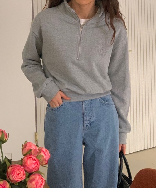 me+em select（ミームセレクト）の「【 セットアップ対応 】OBE刺繍 ハーフジップショートスウェット【 韓国製 】（スウェット・レディース・ベージュ/ブラック/グレー・FREE）」の8枚目の写真