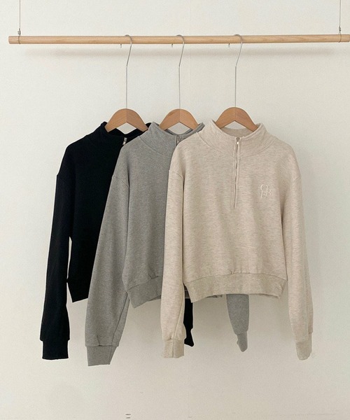me+em select（ミームセレクト）の「【 セットアップ対応 】OBE刺繍 ハーフジップショートスウェット【 韓国製 】（スウェット・レディース・ベージュ/ブラック/グレー・FREE）」の14枚目の写真