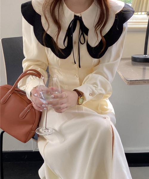 Dita Muaj.（ディータムアージュ）の「ビッグカラースエード風ロングワンピース（ワンピース・レディース・ホワイト/ブラック・M/S）」の5枚目の写真