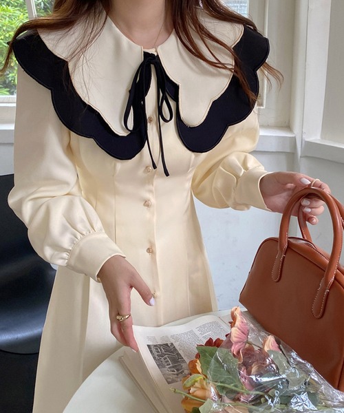 Dita Muaj.（ディータムアージュ）の「ビッグカラースエード風ロングワンピース（ワンピース・レディース・ホワイト/ブラック・M/S）」の8枚目の写真