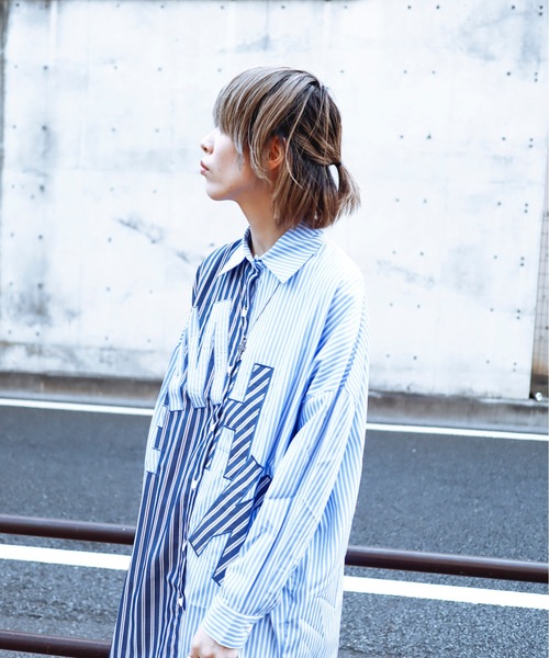 rovtski(ロフトスキー)の「英字ストライプ切替ロングシャツ(シャツ/ブラウス・レディース・ブルー/ブラック・FREE)」の12枚目の写真