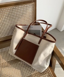 CEMONEMO | 【A4サイズ収納可能】 配色レザー キャンバス トートバッグ(トートバッグ)
