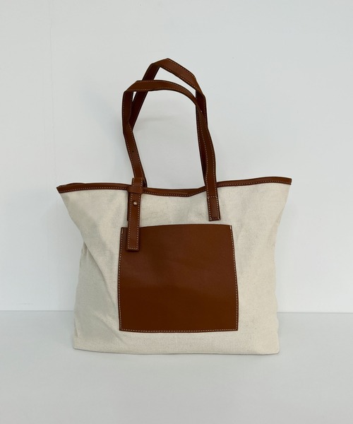 CEMONEMO（セモネモ）の「【A4サイズ収納可能】 配色レザー キャンバス トートバッグ（トートバッグ・レディース・モカ・FREE）」の2枚目の写真