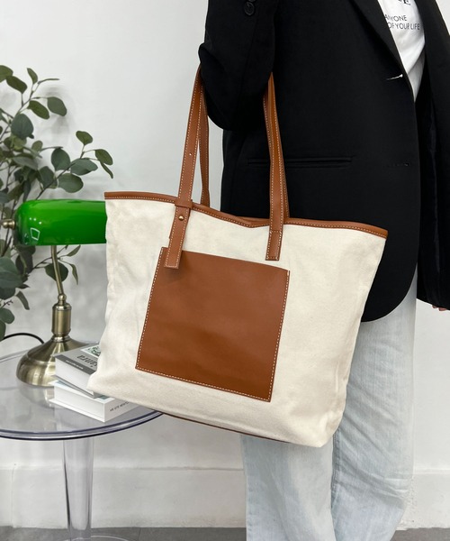 CEMONEMO（セモネモ）の「【A4サイズ収納可能】 配色レザー キャンバス トートバッグ（トートバッグ・レディース・モカ・FREE）」の6枚目の写真