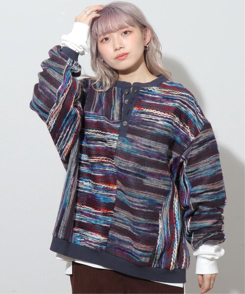 DOUBLE NAME（ダブルネーム）の「ニードルパンチヘンリープルオーバー/ユニセックス可（ニット/セーター・レディース・パープル/グリーン・FREE）」の2枚目の写真