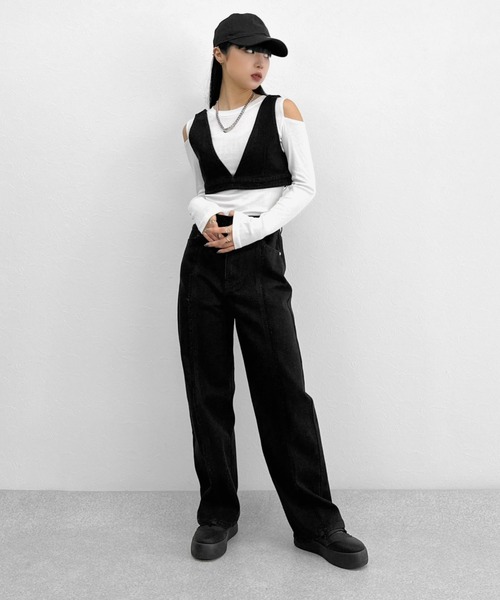 LVEU.(ラブユ.)の「【LVEU.】センターラインワイドデニムパンツ / デニム ボトムス パンツ セットアップ オールインワン オーバーオール サロペット ブラック ブルー インディゴ ヴィンテージ ケミカル(デニムパンツ・レディース・ブルー/ブラック・FREE)」の11枚目の写真