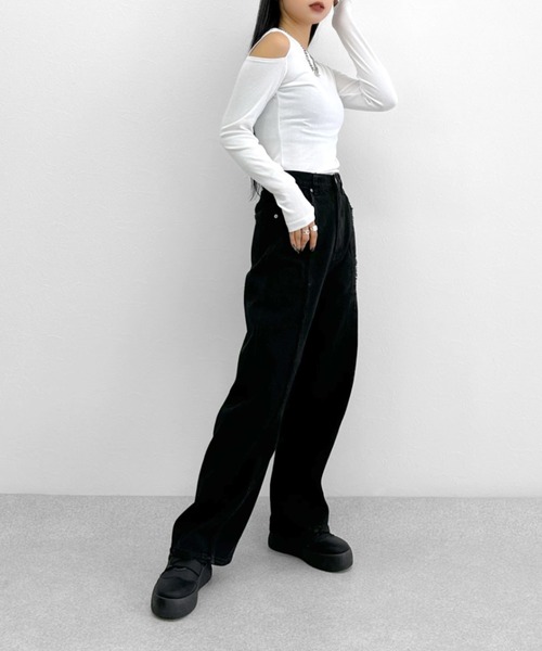 LVEU.(ラブユ.)の「【LVEU.】センターラインワイドデニムパンツ / デニム ボトムス パンツ セットアップ オールインワン オーバーオール サロペット ブラック ブルー インディゴ ヴィンテージ ケミカル(デニムパンツ・レディース・ブルー/ブラック・FREE)」の15枚目の写真