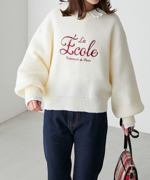 BONLECILL(ボンルシール)の「フレンチロゴ刺繍ボリュームスリーブニットプルオーバー(ニット/セーター・レディース・モスグリーン/ブラック/アイボリー/ネイビー/ピンク・FREE)」の6枚目の写真