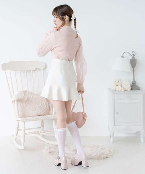 DearMyLoveRose(ディアマイラブローズ)の「袖チュールラウンドビジューハイネックニットトップス(ニット/セーター・レディース・ホワイト/ブラック/ベビーピンク・M-L/LL~3L/L-XL)」の6枚目の写真
