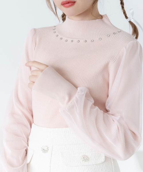 DearMyLoveRose(ディアマイラブローズ)の「袖チュールラウンドビジューハイネックニットトップス(ニット/セーター・レディース・ホワイト/ブラック/ベビーピンク・M-L/LL~3L/L-XL)」の7枚目の写真