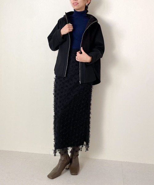 DOLLUPOOPS（ドールアップウップス）の「フェイクメルトンZIPパーカージャケット（ノーカラージャケット・レディース・カーキ/ブラック・38）」の2枚目の写真