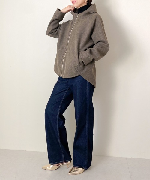 DOLLUPOOPS（ドールアップウップス）の「フェイクメルトンZIPパーカージャケット（ノーカラージャケット・レディース・カーキ/ブラック・38）」の4枚目の写真