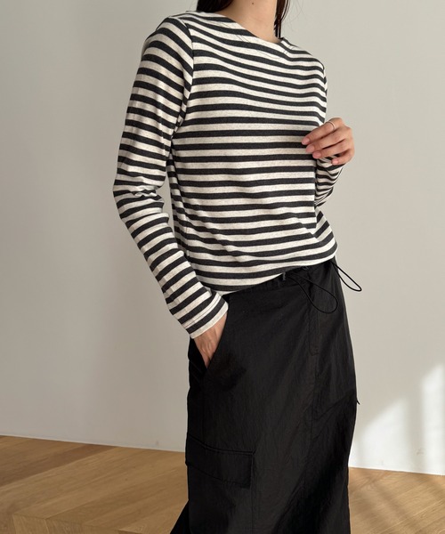 CANAL JEAN（キャナルジーン）の「harmonie -OrganicCotton-　フライスボーダーボートネックロングTシャツ（Tシャツ/カットソー・レディース・チャコールグレー/ボルドー・ONE SIZE）」の3枚目の写真