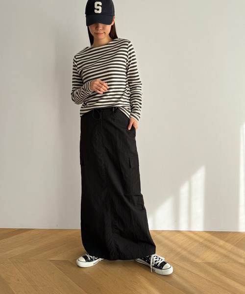 CANAL JEAN（キャナルジーン）の「harmonie -OrganicCotton-　フライスボーダーボートネックロングTシャツ（Tシャツ/カットソー・レディース・チャコールグレー/ボルドー・ONE SIZE）」の5枚目の写真