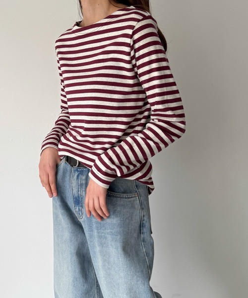 CANAL JEAN（キャナルジーン）の「harmonie -OrganicCotton-　フライスボーダーボートネックロングTシャツ（Tシャツ/カットソー・レディース・チャコールグレー/ボルドー・ONE SIZE）」の7枚目の写真