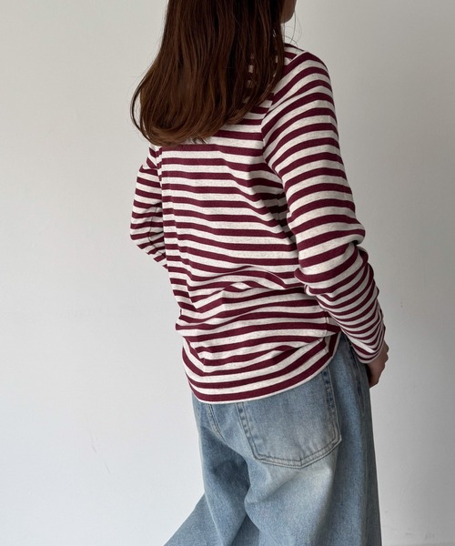 CANAL JEAN（キャナルジーン）の「harmonie -OrganicCotton-　フライスボーダーボートネックロングTシャツ（Tシャツ/カットソー・レディース・チャコールグレー/ボルドー・ONE SIZE）」の6枚目の写真