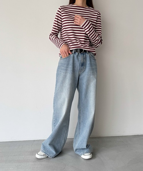 CANAL JEAN（キャナルジーン）の「harmonie -OrganicCotton-　フライスボーダーボートネックロングTシャツ（Tシャツ/カットソー・レディース・チャコールグレー/ボルドー・ONE SIZE）」の9枚目の写真