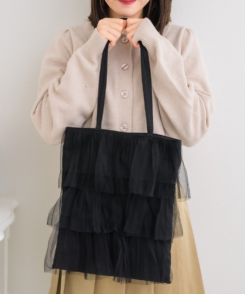 ems excite（エムズエキサイト）の「チュールフリルティアードトート（トートバッグ・レディース・オフホワイト/ブラック/ピンク・ONE SIZE）」の2枚目の写真