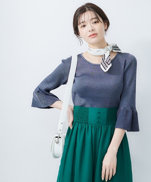 12Twelve Agenda（トゥエルブ　アジェンダ）の「ベルスリーブラメリブニットプルオーバー（ニット/セーター・レディース・サックスブルー/オフホワイト/ネイビー/ライトグレー・M）」の3枚目の写真