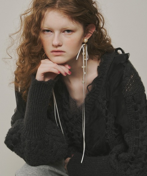 ロングリボン×チェーン×パールデザインイヤリング（イヤリング）｜J1U