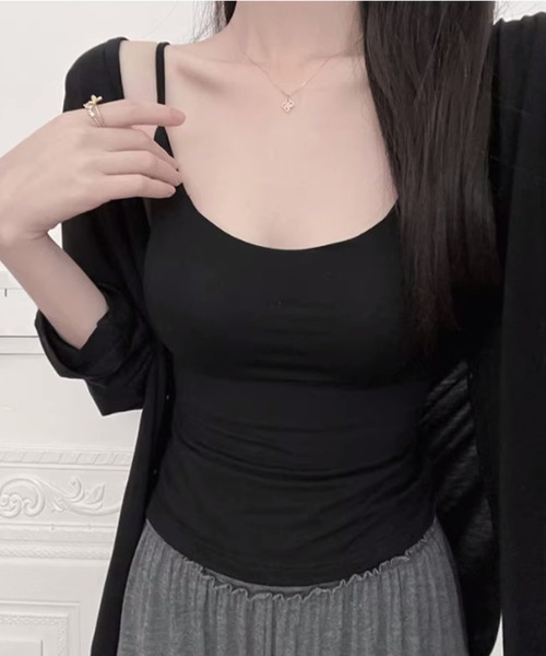 Lace Ladies（レースレディース）の「ソリッドカラー カップ付き ベーシック キャミソール トップス（キャミソール・レディース・グレー/ブラウン/アイボリー/ブラック/ピンク・FREE）」の6枚目の写真