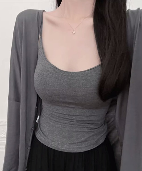 Lace Ladies（レースレディース）の「ソリッドカラー カップ付き ベーシック キャミソール トップス（キャミソール・レディース・グレー/ブラウン/アイボリー/ブラック/ピンク・FREE）」の7枚目の写真