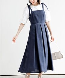 肩リボンボックスプリーツキャミワンピース