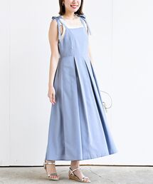 肩リボンボックスプリーツキャミワンピース