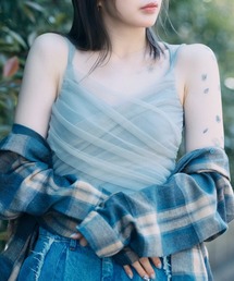 【_chunpi】ふわふわチュールのカップ付きダブルストラップキャミ