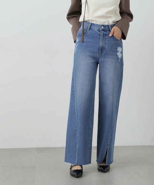 【セール】◆スリット切替ダメージワイドデニム（デニムパンツ）｜N.（N. Natural Beauty Basic）（エヌエヌナチュラルビューティーベーシック）