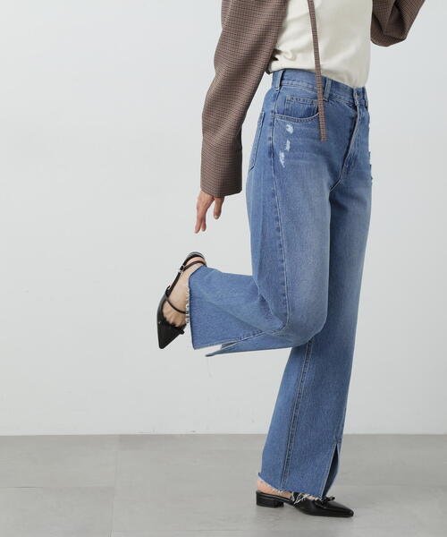 【セール】◆スリット切替ダメージワイドデニム（デニムパンツ）｜N.（N. Natural Beauty Basic）（エヌエヌナチュラルビューティーベーシック）