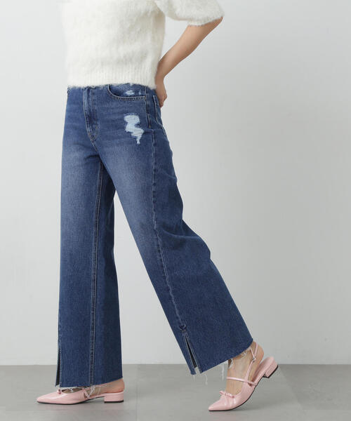 【セール】◆スリット切替ダメージワイドデニム（デニムパンツ）｜N.（N. Natural Beauty Basic）（エヌエヌナチュラルビューティーベーシック）
