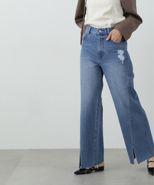 【セール】◆スリット切替ダメージワイドデニム（デニムパンツ）｜N.（N. Natural Beauty Basic）（エヌエヌナチュラルビューティーベーシック）