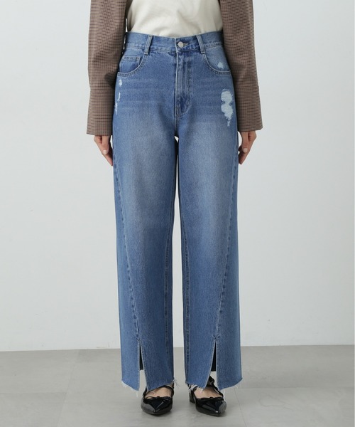 【セール】◆スリット切替ダメージワイドデニム（デニムパンツ）｜N.（N. Natural Beauty Basic）（エヌエヌナチュラルビューティーベーシック）