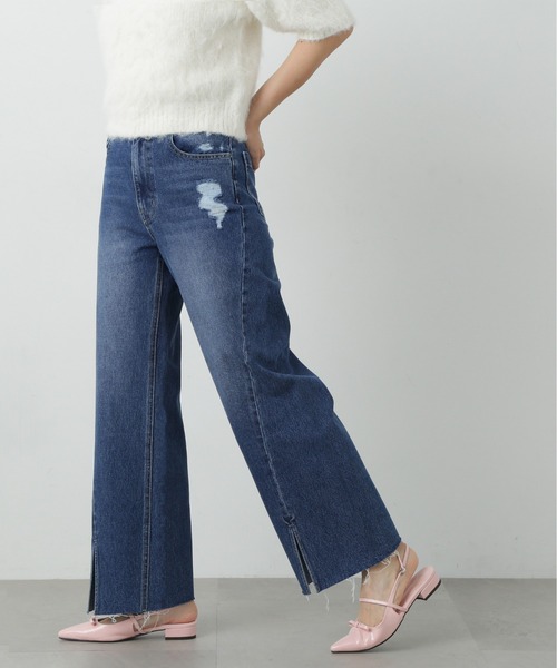 【セール】◆スリット切替ダメージワイドデニム（デニムパンツ）｜N.（N. Natural Beauty Basic）（エヌエヌナチュラルビューティーベーシック）