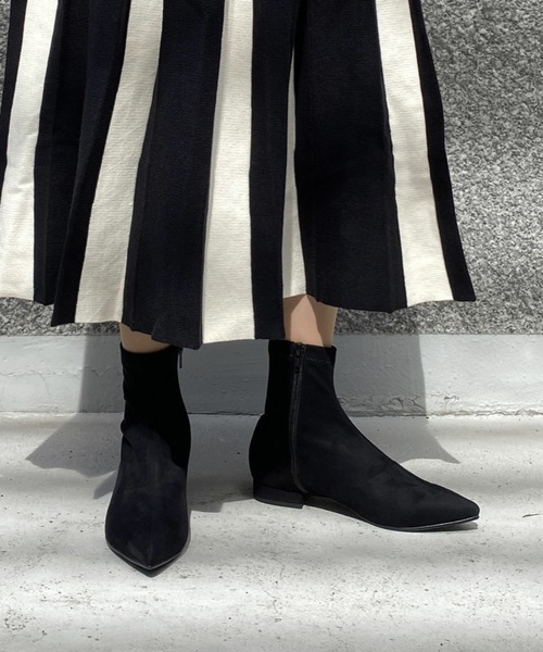 セール】ポインテッドトゥ ストレッチ フラットブーツ（ブーツ