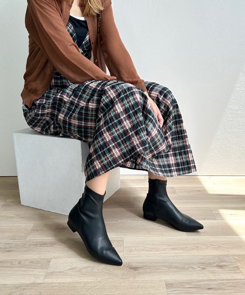 セール】ポインテッドトゥ ストレッチ フラットブーツ（ブーツ