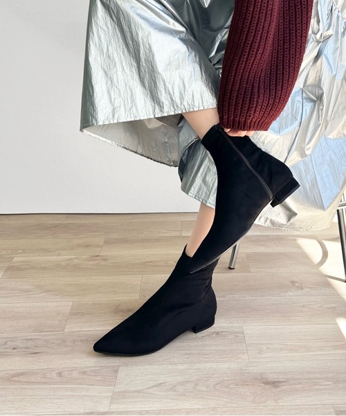 mm6 オリーブグリーン ポインテッドトゥブーツ 37 セール】ポインテッドトゥ ストレッチ フラットブーツ（ブーツ