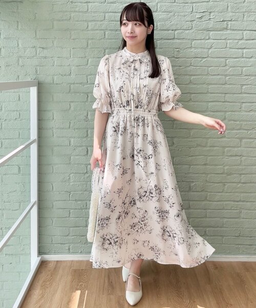 クチュールブローチ　花柄ワンピース　Lサイズ オトナのためのクラシカルワンピ】花柄5分袖ワンピース（マキシ