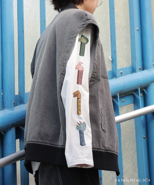 PEZコラボ恐竜スリーブプリントロンTEE/ユニセックス(Tシャツ/カットソー)|DOUBLE NAME(ダブルネーム) PEZコラボ恐竜スリーブプリントロンTEE/ユニセックス(Tシャツ/カットソー)|DOUBLE NAME(ダブルネーム)