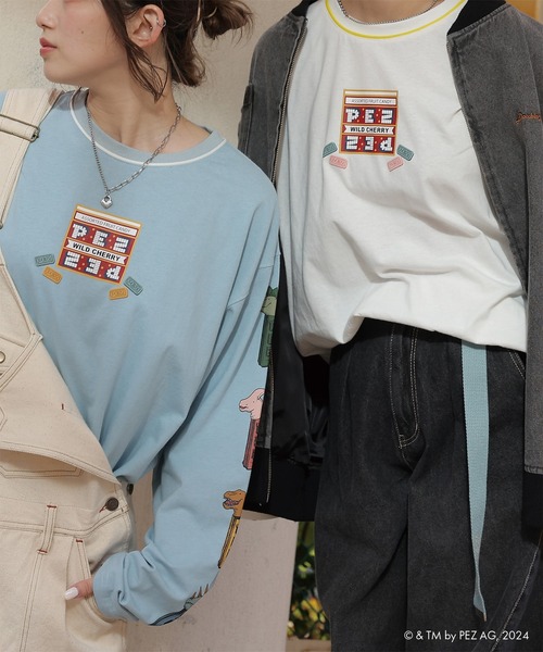 PEZコラボ恐竜スリーブプリントロンTEE/ユニセックス(Tシャツ/カットソー)|DOUBLE NAME(ダブルネーム) PEZコラボ恐竜スリーブプリントロンTEE/ユニセックス(Tシャツ/カットソー)|DOUBLE NAME(ダブルネーム)