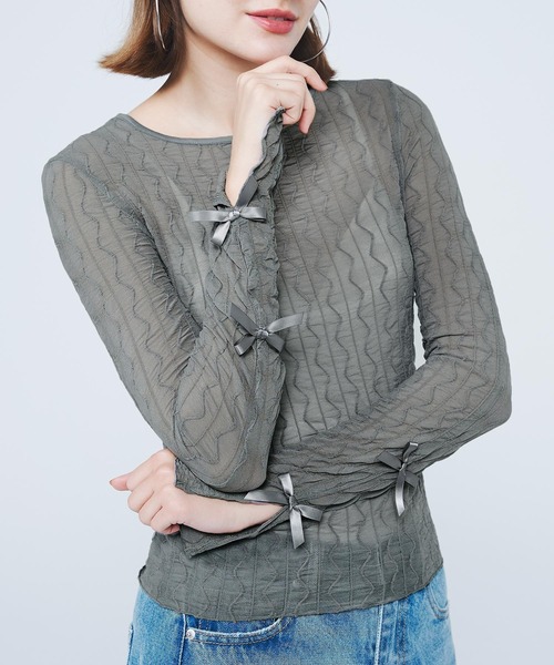 coca(coca)(コカ)の「リボンシアーメッシュトップス(Tシャツ/カットソー・レディース・ブラック/グレー/ライトグレー・S/M/L)」の3枚目の写真