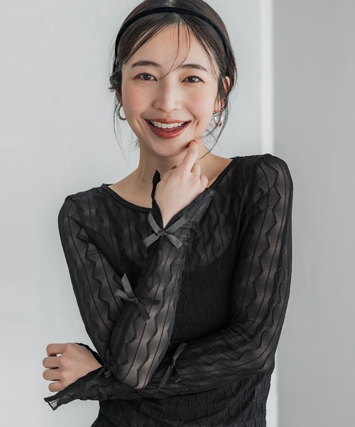 coca(coca)(コカ)の「リボンシアーメッシュトップス(Tシャツ/カットソー・レディース・ブラック/グレー/ライトグレー・S/M/L)」の1枚目の写真