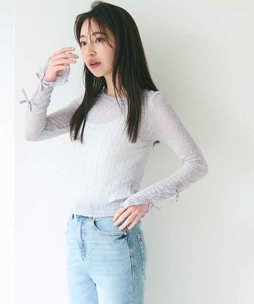 coca(coca)(コカ)の「リボンシアーメッシュトップス(Tシャツ/カットソー・レディース・ブラック/グレー/ライトグレー・S/M/L)」の4枚目の写真