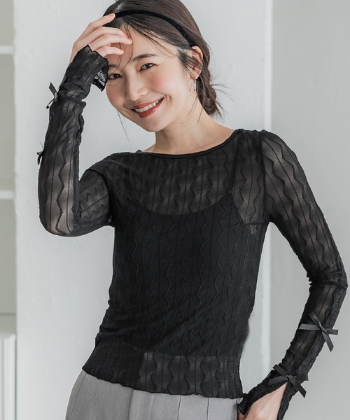 coca(coca)(コカ)の「リボンシアーメッシュトップス(Tシャツ/カットソー・レディース・ブラック/グレー/ライトグレー・S/M/L)」の7枚目の写真