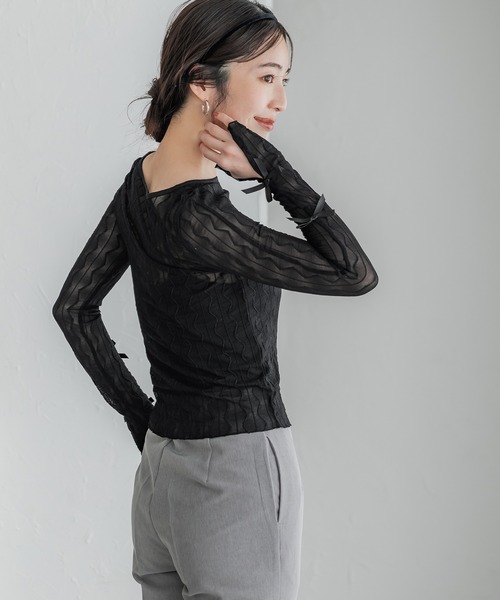 coca(coca)(コカ)の「リボンシアーメッシュトップス(Tシャツ/カットソー・レディース・ブラック/グレー/ライトグレー・S/M/L)」の8枚目の写真