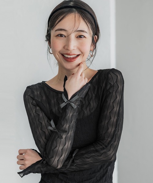 coca(coca)(コカ)の「リボンシアーメッシュトップス(Tシャツ/カットソー・レディース・ブラック/グレー/ライトグレー・S/M/L)」の11枚目の写真